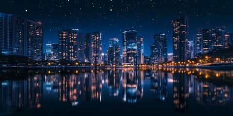 Obraz premium A city at night with tall buildings lit up, their reflections shimmering in a peaceful, digital world. This beautiful scene is perfect for a technology background.