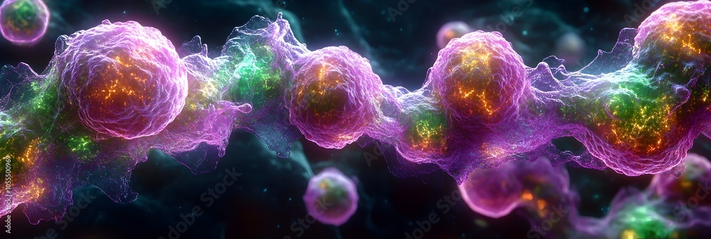 Fototapete glowing cells in a vibrant microcosm:visualizing the unseen wonders of biological structures.