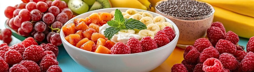 Fresh fruit and smoothie bowls arranged on a colorful table, emphasizing commitment to nutritious food choices and wellness