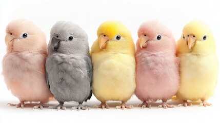 Fototapeta premium Five colorful parakeets on white background.