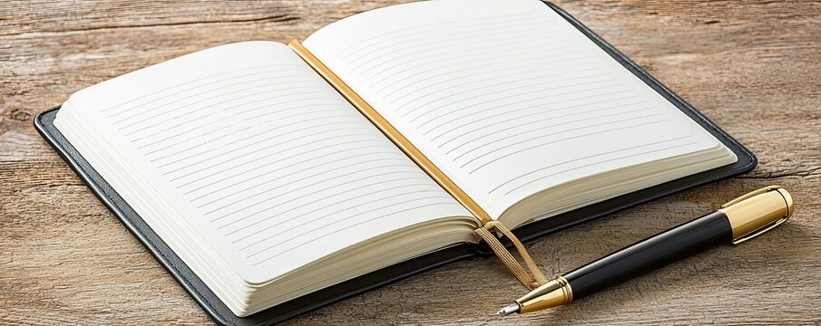 Inspirational journal opened to the first page with a New Year s resolution, pen beside, ready to write goals