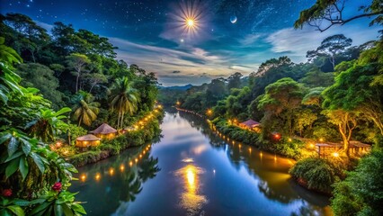 Fototapeta premium Night Photography of Amazon Rainforest with River and Canopy Celebrating Hispanic Heritage Month