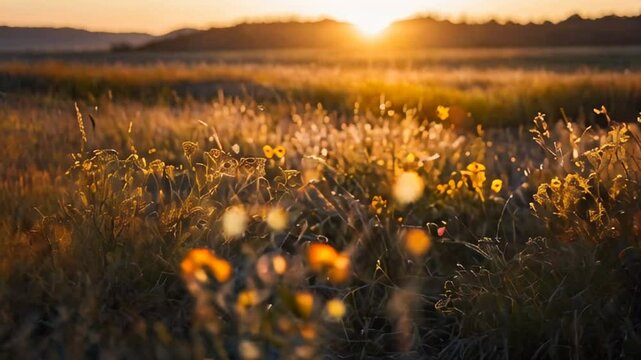 Yellow sunn hemp flowers field swaying in the wind with beautiful sunset background in slow motion. Ecosystem, nature, environment, relaxation, lifestyle and seasonal concepts