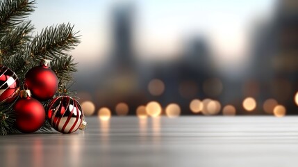 Fototapeta premium A tight shot of a Christmas tree, adorned with red and white ornaments, in front of a hazy urban landscape