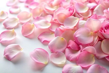 Obraz premium delicate pink rose petals scattered on a soft white background, gentle bloom, flower petals, botanical subject