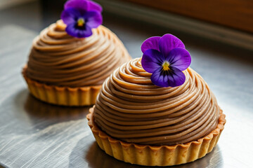 紫の花がのったサツマイモのケーキ