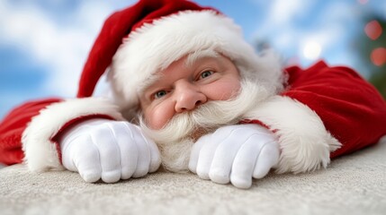  A tight shot of a person in a Santa suit, hand on chest, gazing into the camera