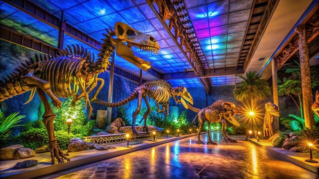 Night Photography of Paleontology Museum Interior Trelew Argentina
