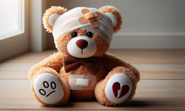 Teddyb&auml;r mit Verband und Pflaster am Kopf nach einem Unfall, copy space