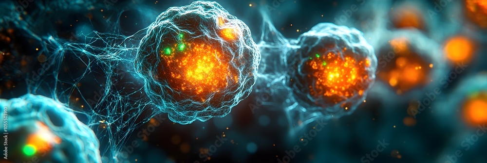 Poster glowing organic cellular structures with dynamic energy bursts. abstract scientific background with 
