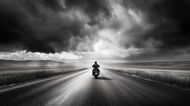 Motorcyclist riding alone on a deserted highway for solitude and wanderlust travel theme