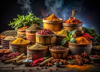 Night Photography of Vibrant Spices and Herbs in Rustic Wooden Containers Against a Dark Background