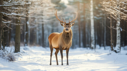 Majestic deer standing in snowy winter forest for wildlife and nature photography theme