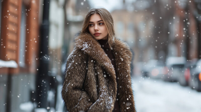 Elegant woman in fur coat walking in snowy city for winter fashion and seasonal style theme
