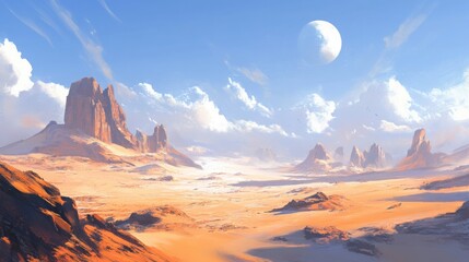 Naklejka premium A vast, open desert under a blazing sun, with rolling dunes and minimal vegetation