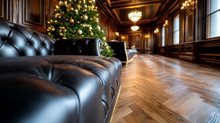  A living room featuring a Christmas tree centrally placed, accompanied by a couch in the room's heart