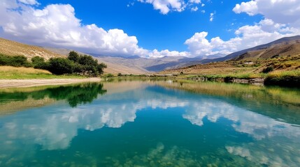  Surrounded by mountains, a body of water lies under a clear blue sky dotted with white and few scattered clouds