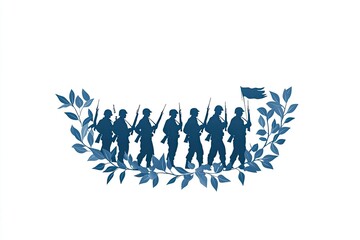 Logo, vector design of silhouette in blue with white stars on the bottom and olive green leaves at the top. Generative ai