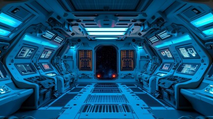 Fototapeta premium Futuristic spaceship interior featuring blue lighting, control panels, and an expansive view of space