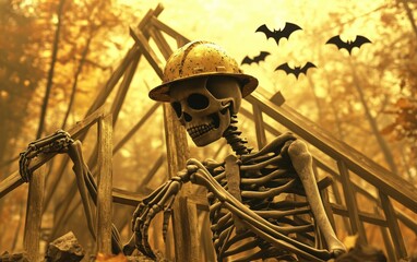 keleton Builder: A skeleton construction worker with a hard hat, building a spooky house frame with haunted tools and bats flying around in the background 