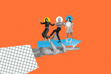 Creative collage poster funky colleagues woman elder man dance party disco arrow direction hand sleeve checkered background