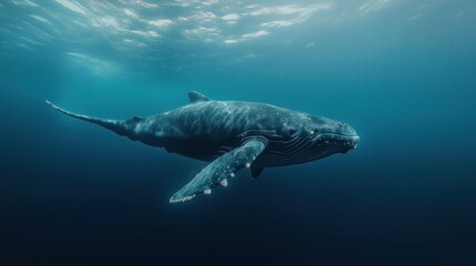 Fototapeta premium Underwater photograph of a humpback whale swimming in deep blue ocean water with visible sunlight penetrating the surface, showcasing marine wildlife.