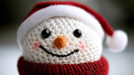 A tight shot of a crocheted snowman adorned with a red-and-white striped hat and scarf