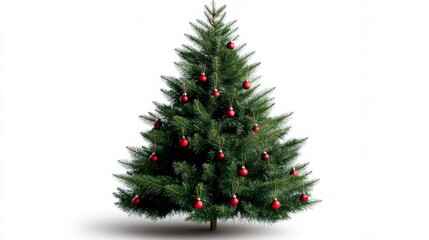 Fototapeta premium A small Christmas tree with red ornaments on its branches against a white background