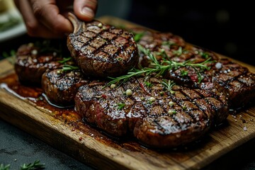 A hand picks up a perfectly grilled steak from a wooden board with rosemary and peppercorns.