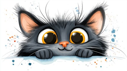 Obraz premium Smiling gray cat with bright yellow eyes peeking over edge with watercolor splashes background
