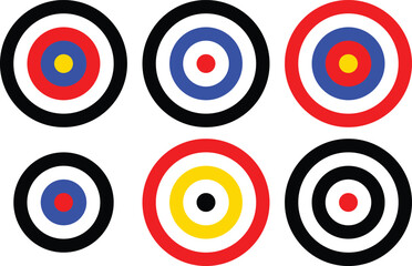 Archery target collection. Sight Crosshairs Bullseye dartboard icon. Business target destination icon. Target aiming in blue, red, Black and yellow. 