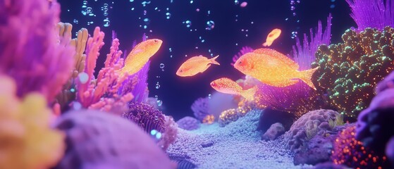 Fototapeta premium A vibrant underwater scene featuring colorful coral and glowing fish, immersed in shimmering blue waters, creating a magical underwater experience.