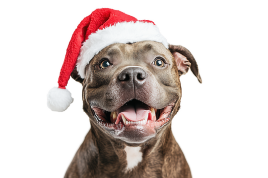 Isolated cut out happy pitbull dog looking at the camera with santa claus hat on blank background