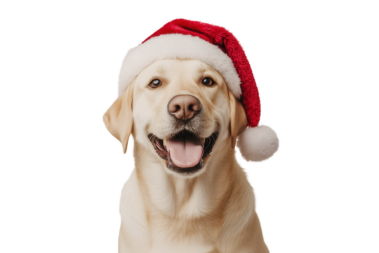 Isolated cut out happy labrador retriever dog looking at the camera with santa claus hat on blank background