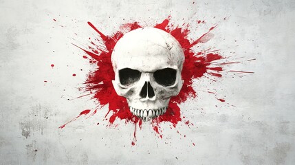  A white skull adorned with red paint splatters on its face Nearby, a hole punctures the side of the wall