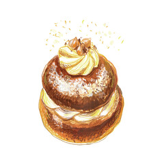 Pastries, cup of coffee. Sketch of food drawn with colored pencils. Swedish bread semla