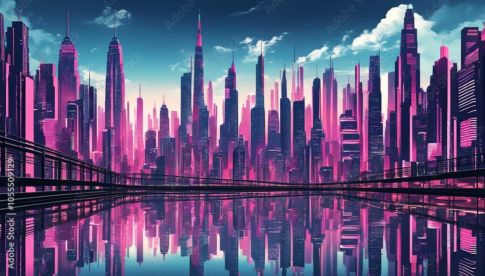 Wall mural wallpaper illustration image of a city densely packed with tall skyscrapers