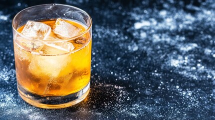  A tight shot of an ice-filled glass atop a table, adorned with cubes resting precariously on its rim