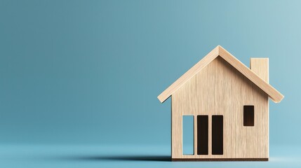 Wooden miniature house model on light blue background symbolizing home ownership and real estate concepts. The house has a modern design with visible windows and a chimney.