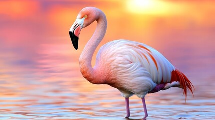Fototapeta premium A pink flamingo in a body of water during sunset