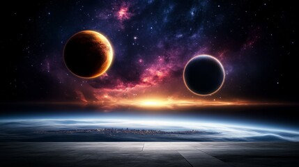  A space scene featuring two planets in the foreground and a distant star in the background