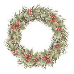 Christmas wreath of spruce branches with holly berries red green winter plant. Template for advent card, traditional festive door decoration Watercolor hand drawn illustration isolated from background