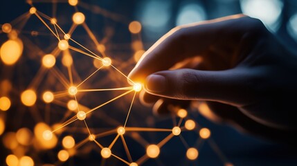 Glowing abstract geometric network with interconnected nodes and luminous pathways symbolizing the flow of digital information technology and innovative solutions for the future