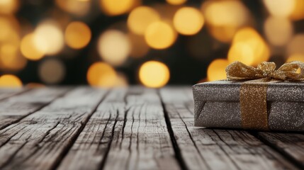  A present box in focus on a weathered wooden table, background softly blurred with twinkling lights