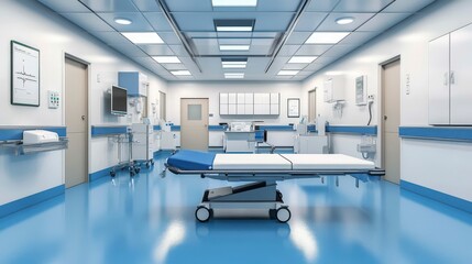 Clean Hospital Hallway with Stretcher Ready for Patients