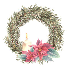 Christmas spruce branches evergreen advent wreath with red poinsettia flowers and burning white candle. Watercolor hand drawn illustration Circle template for festive card. Isolated from background.