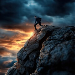 Silhouetted figure of a daring climber standing tall atop a rocky precipice against a backdrop of dramatic stormy skies and a vibrant sunset  This image captures the essence of adventure courage