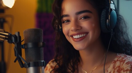 Woman recording with microphone