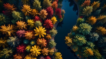 Aerial View of Colorful Autumn Forest with Winding River