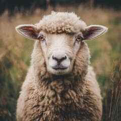 Obraz premium A curly woolly sheep stands attentively in a lush green field, embodying nature, innocence, and pastoral tranquility.
